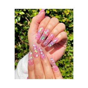 Simli şefaf pembe kalpli glitter oje