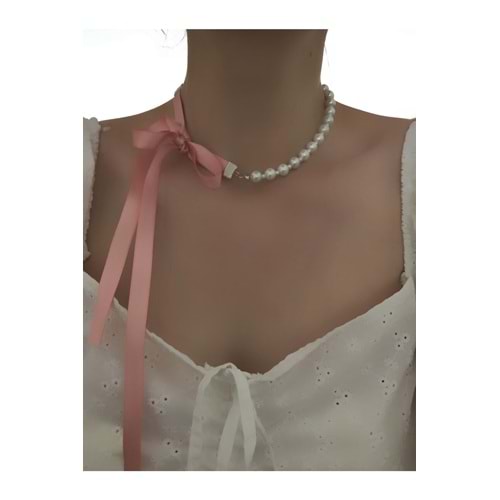 Cam Inci Pembe Kurdeleli Choker Kolye