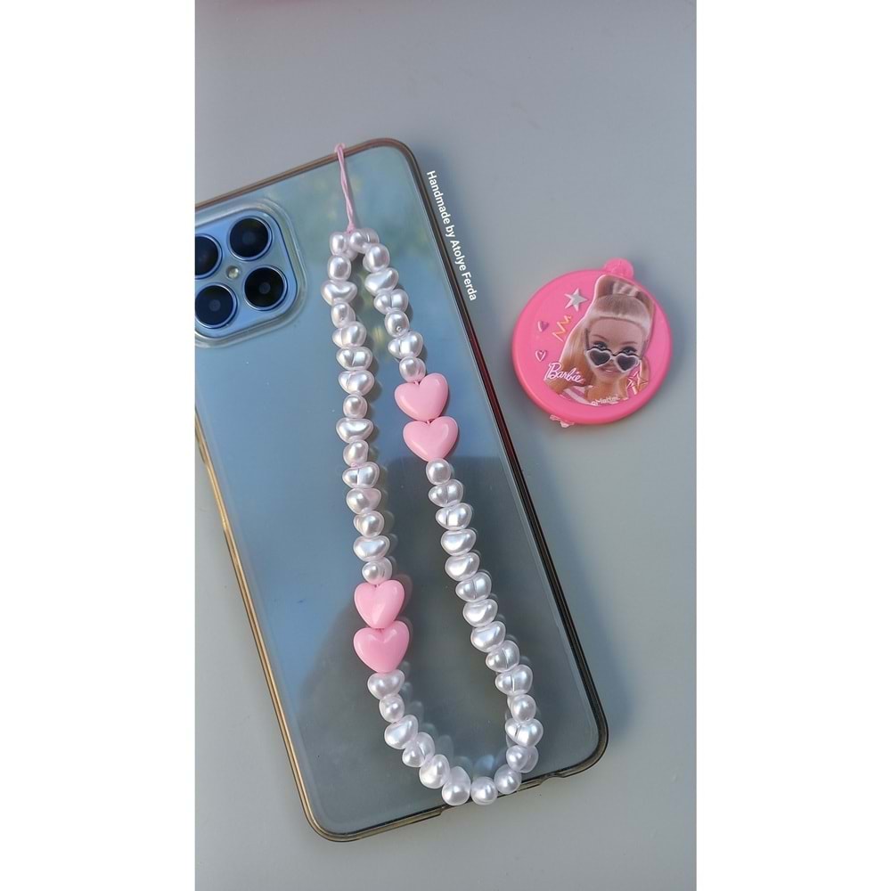 Pembe Kalp ve İncili telefon Charmı Telefon Askısı