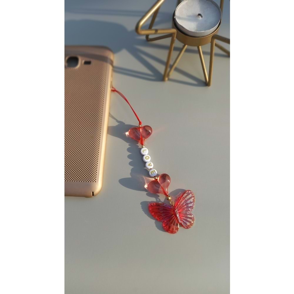 Kelebek Figürlü Kalp Detaylı Telefon Charmı Telefon Süsü (love)