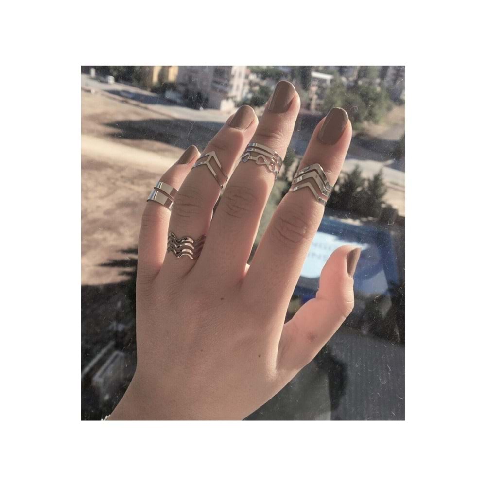 Kadın 5 Li Gümüş Vintage Eklem Yüzük Seti Ayarlanabilir