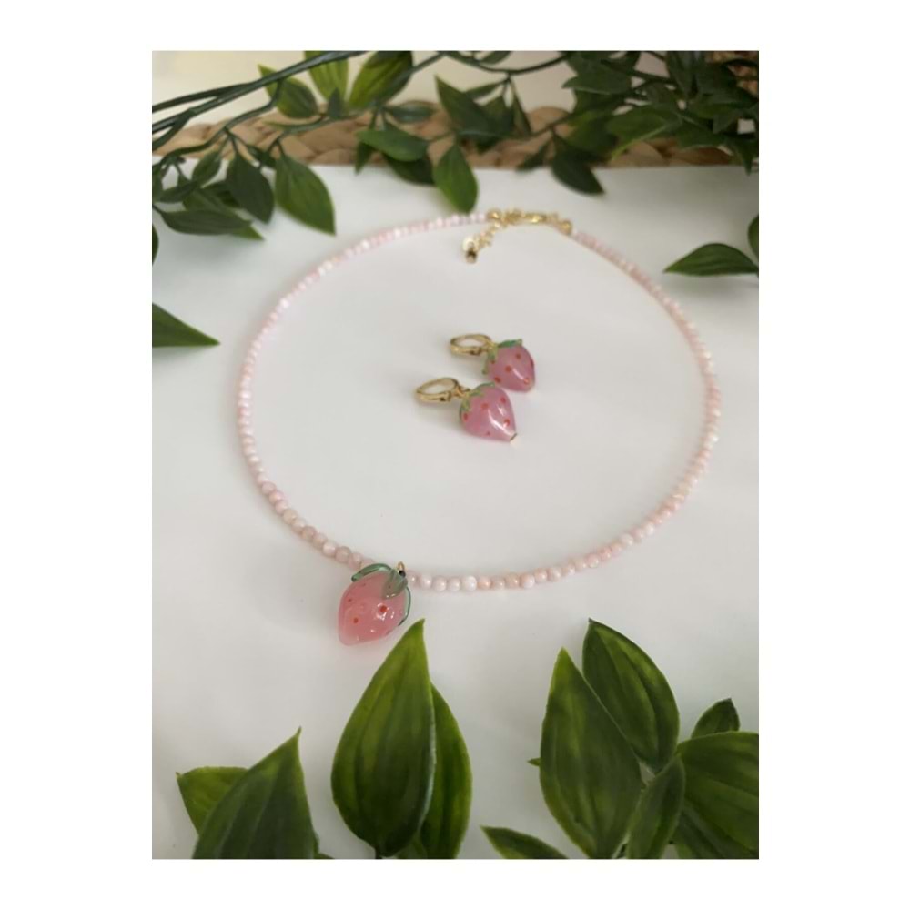 Kadın Pembe Murano Çilekli Sedef Boncuk Kolye Küpe Set