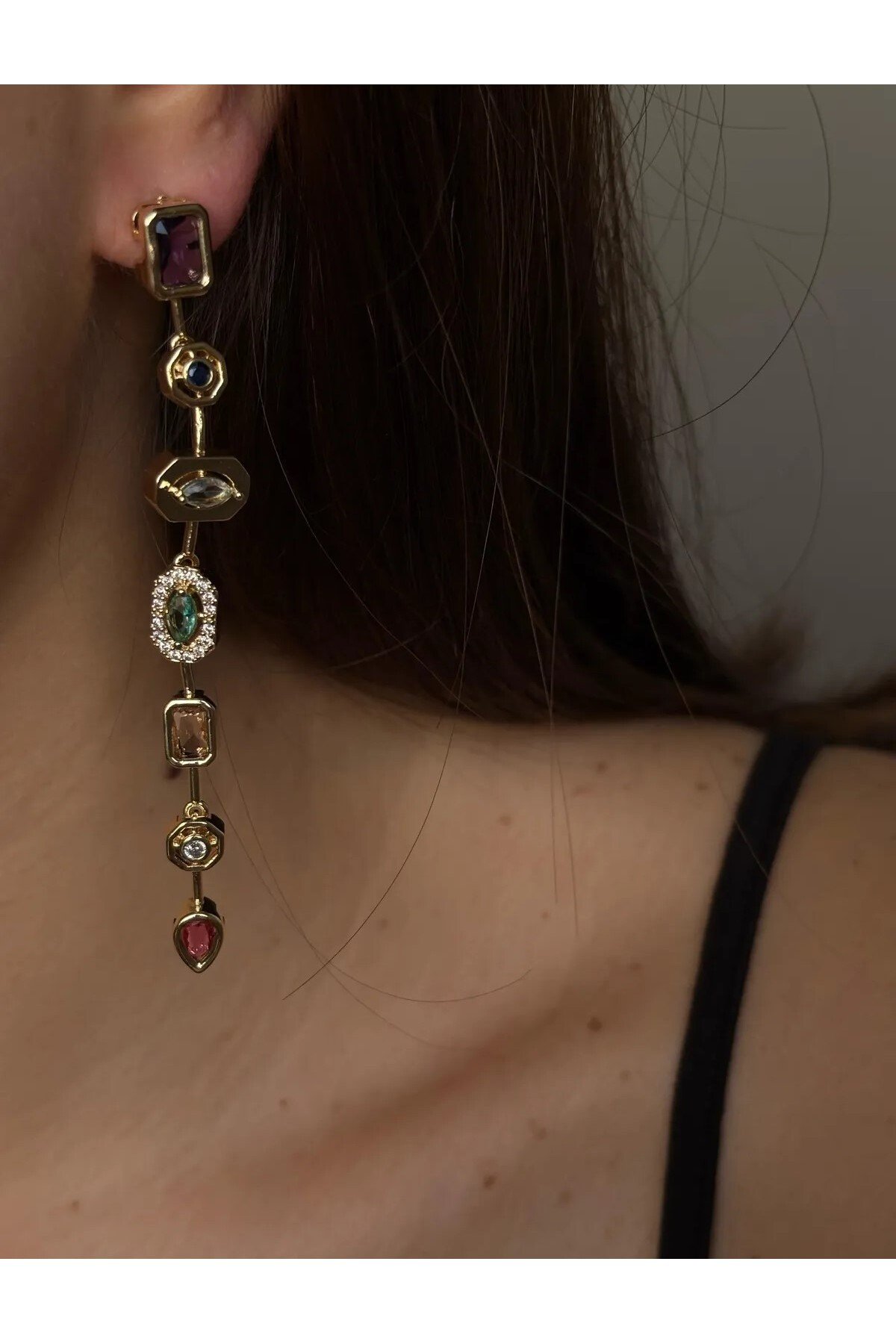 7 Element Taşlı Melis Goral Çelik Küpe Gold Renk Y Küpe - Görsel 2