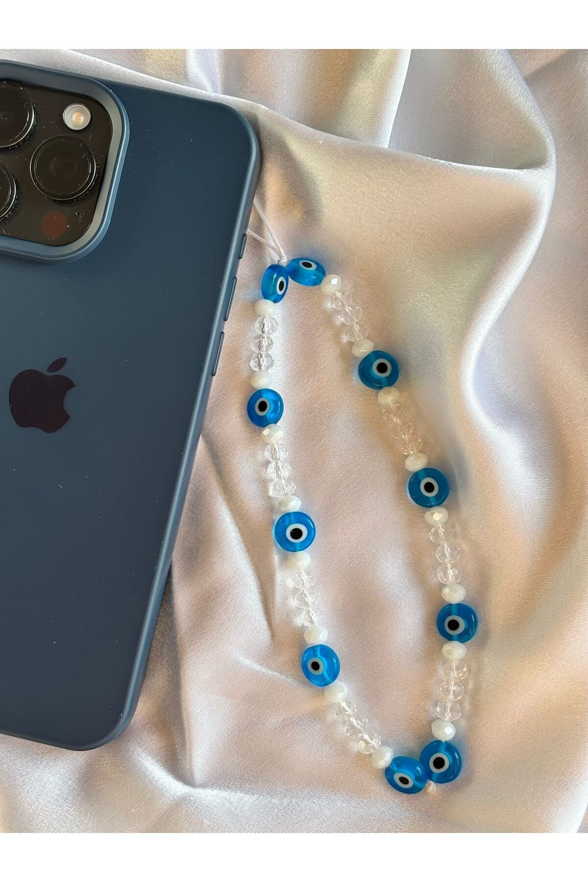 Mavi Cam Nazar Boncuğu Şeffaf Beyaz Kristal Telefon Charmı Telefon İpi Çanta Süsü - Görsel 4