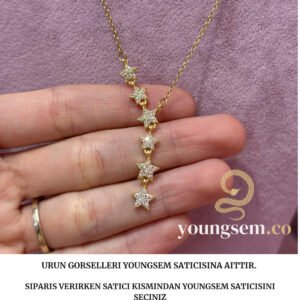 Stainles Steel Kayan Yıldızlı Gold Y Kolye Parlak Taşlı
