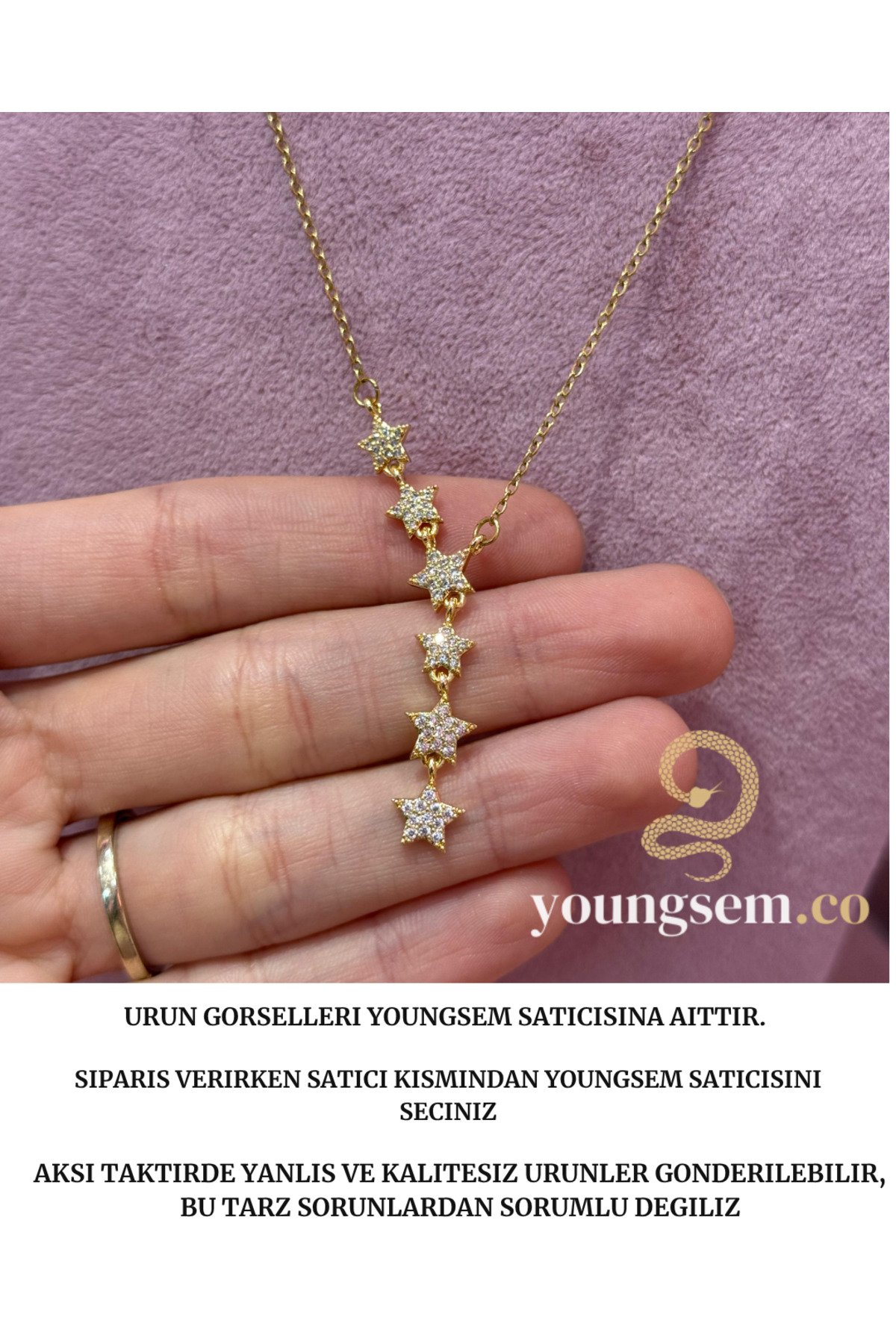 Stainles Steel Kayan Yıldızlı Gold Y Kolye Parlak Taşlı