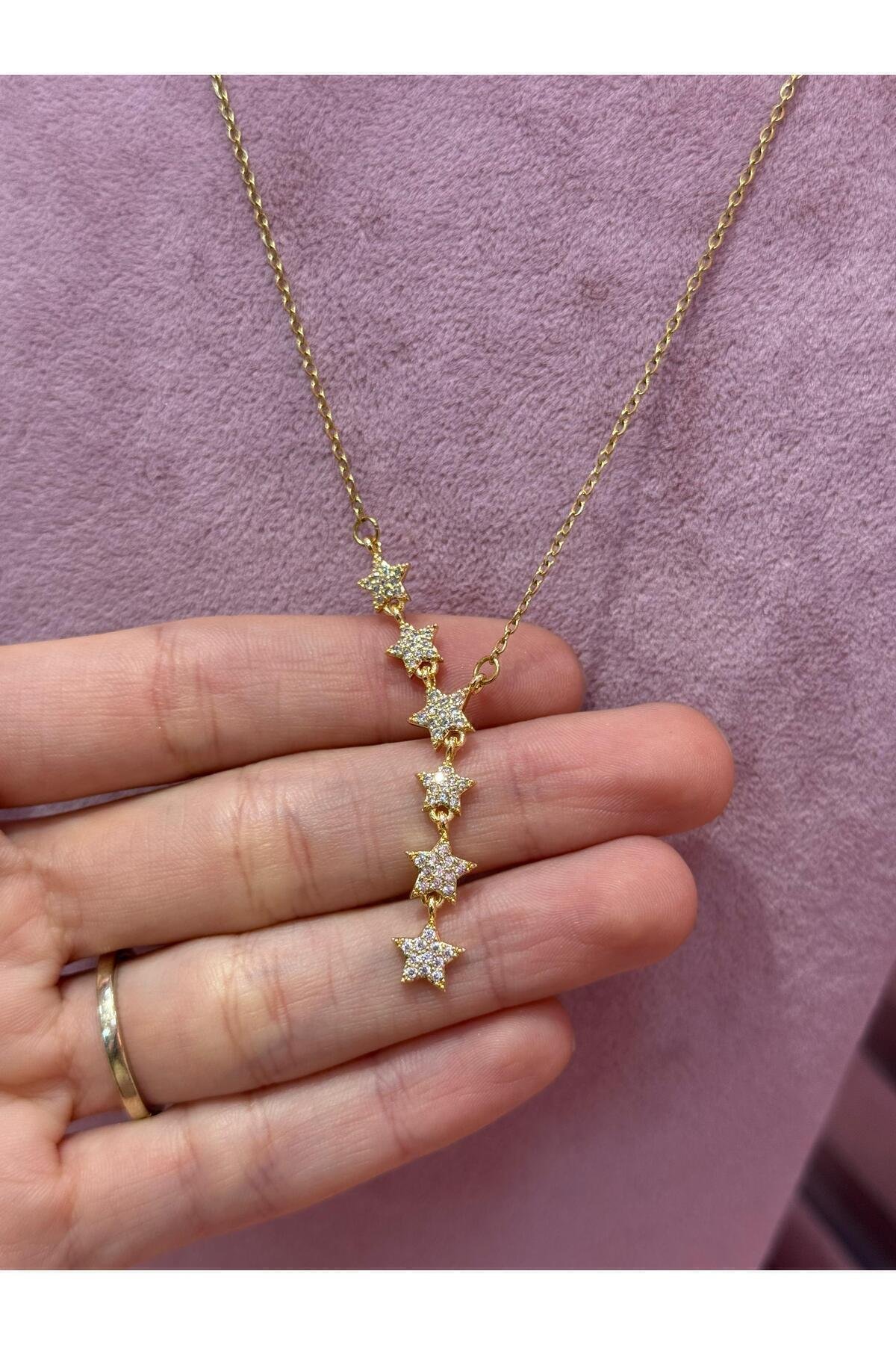 Stainles Steel Kayan Yıldızlı Gold Y Kolye Parlak Taşlı - Görsel 2