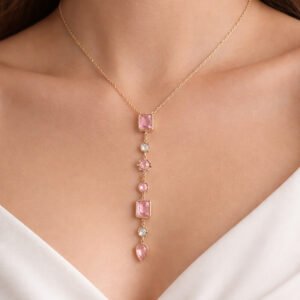 Pembe Taşlı Y Kolye - Premium Paslanmaz Çelik