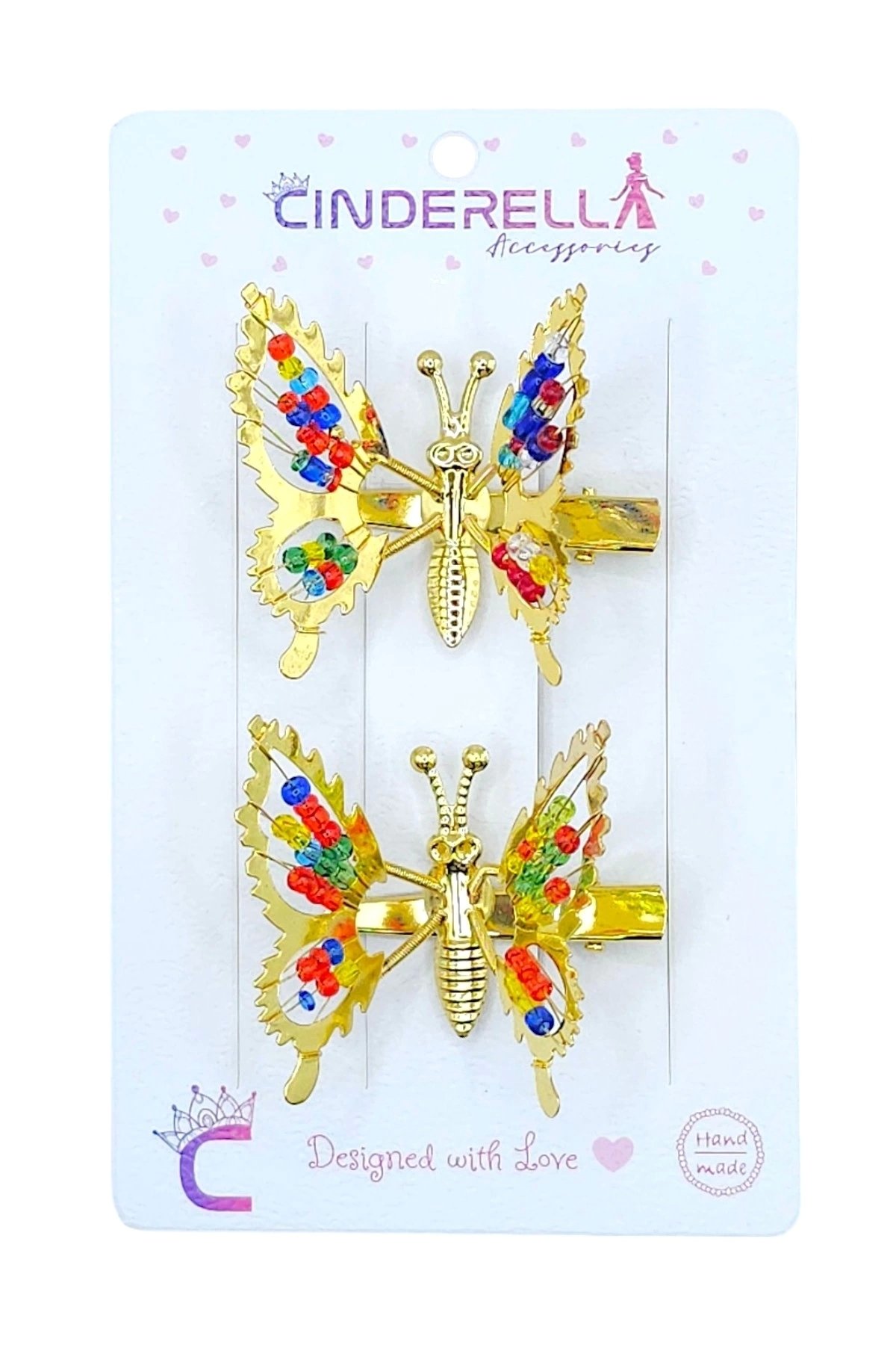 2'li Retro Sallanan Kelebek Toka Renkli Boncuklu Gold Metal - Hareketli Kanatlı Kelebekli Saç Tokası - Görsel 2