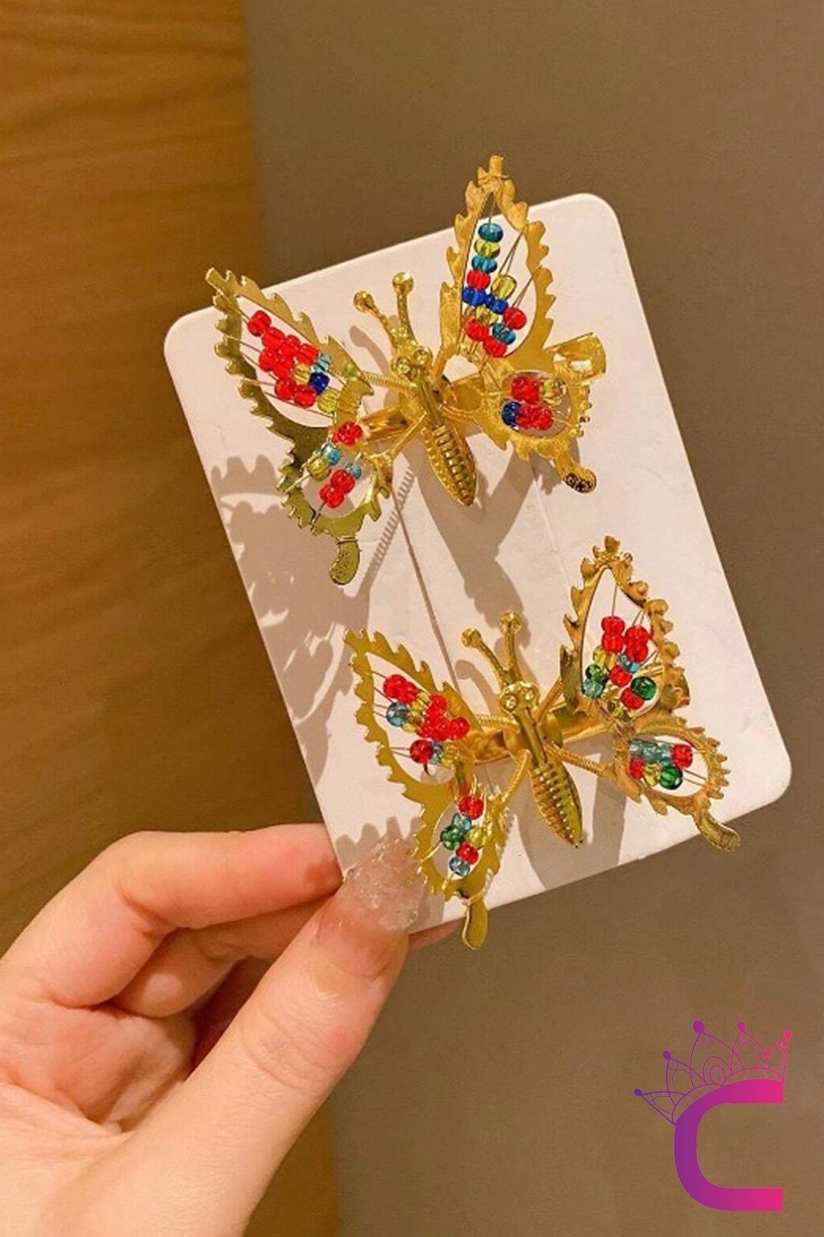 2'li Retro Sallanan Kelebek Toka Renkli Boncuklu Gold Metal - Hareketli Kanatlı Kelebekli Saç Tokası - Görsel 3