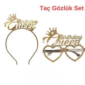 Gold Brithday Queen Tac Gözlük Seti Brithday Queen Parti Aksesuar Taç Gözlük