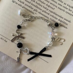 Enhypen Bts Temalı Siyah Fiyonklu Fairycore Coquette Charm Bileklik