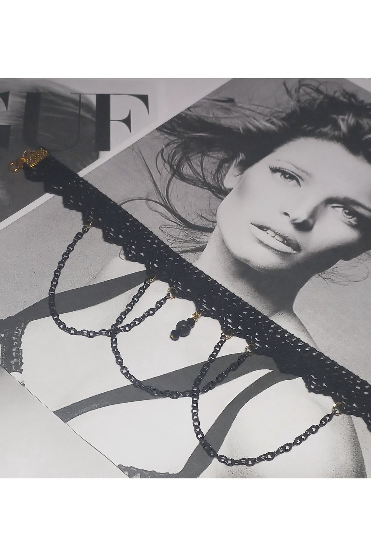 Dantel Siyah Zincirli Gotik Gerdanlık Choker Kolye