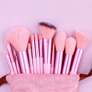 13'lü Pembe Kadife Keseli Profesyonel Makyaj Fırçası seti