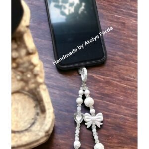 Beyaz Fiyonk ve Kalp Figürlü Telefon Charmı Çanta Süsü