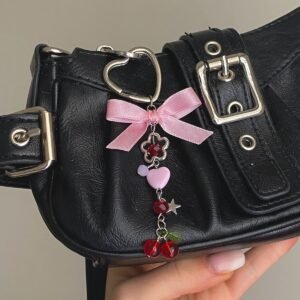 Cam Çilek Charmlı Fiyonklu Fairycore Coquette Anahtarlık Çanta Süsü Çanta Charmı