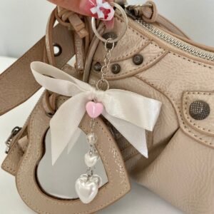 İncili kalpli anahtarlık ribbon çanta süsü