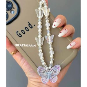 MİRAZTASARİM İNCİ VE CAM BONCUKLU SALLANAN BÜYÜK KELEBEKLİ TELEFON CHARMI TELEFON İPİ
