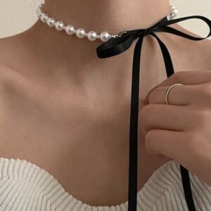 inci siyah kurdeleli şık tasarım choker kolye
