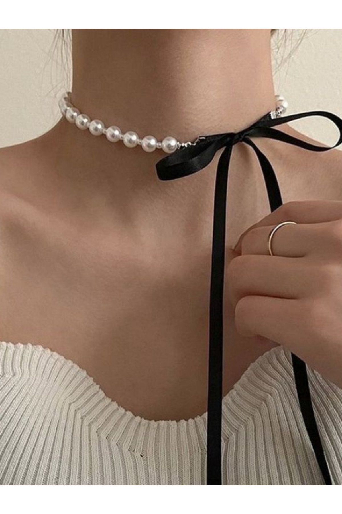 inci siyah kurdeleli şık tasarım choker kolye