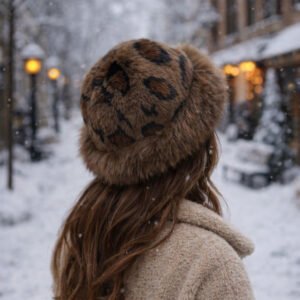 Kahverengi Kadın Peluş Leopar Desen Şapka – Yumuşak Kürk Görünümlü Bere