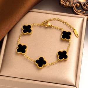 Yonca Bileklik Gold Siyah | 316l Çelik - Kararmaz | Hediye Kadın