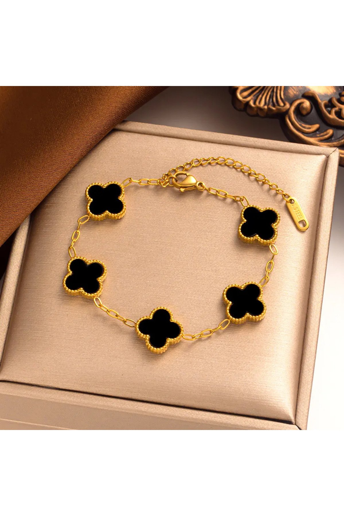 Yonca Bileklik Gold Siyah | 316l Çelik - Kararmaz | Hediye Kadın