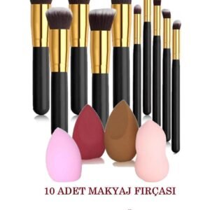 10'lu Makyaj Fırçası 4'lü Profesyonel Sünger Allık Fondöten Far Fırçası