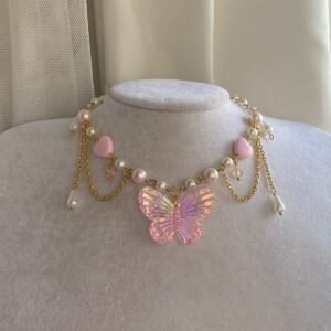 Pink & Gold Butterfly y2k Fairycore Coquette Tasarım Kolye