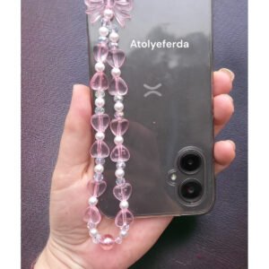 Pembe Kalp Ve Kurdele Figürlü Telefon Charmı Telefon Süsü