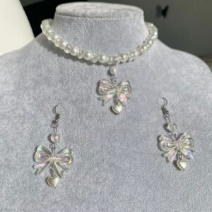 Coquette incili hologramlı fiyonk kolye ve küpe seti