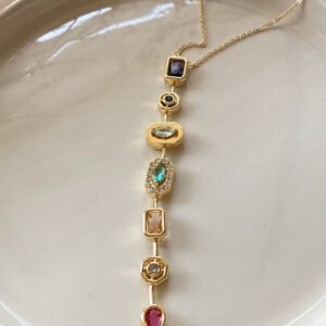 7 Renk Element Kristal Taşlı Y Şekilli Kolye Kararmaz Gold Kadın Kristal Taşlı Çelik Kolye