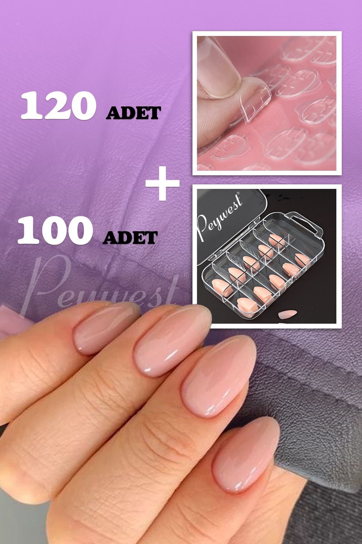 2li Pink Tırnak Seti (120'li Tırnak Yapıştırıcı Sticker + 100'lü Pembe Badem Protez Takma Tırnak)