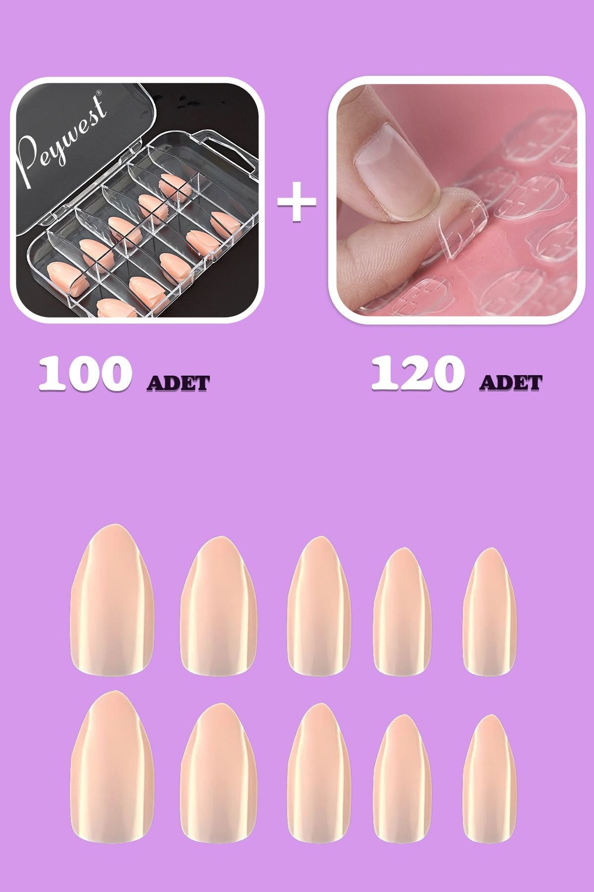 2li Pink Tırnak Seti (120'li Tırnak Yapıştırıcı Sticker + 100'lü Pembe Badem Protez Takma Tırnak) - Görsel 3