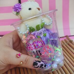 Glitter Bardak Set hediyelik Lipgloss Inci Toka, Küpe Peluş Ayıcık