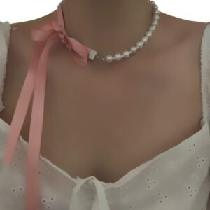Cam Inci Pembe Kurdeleli Choker Kolye