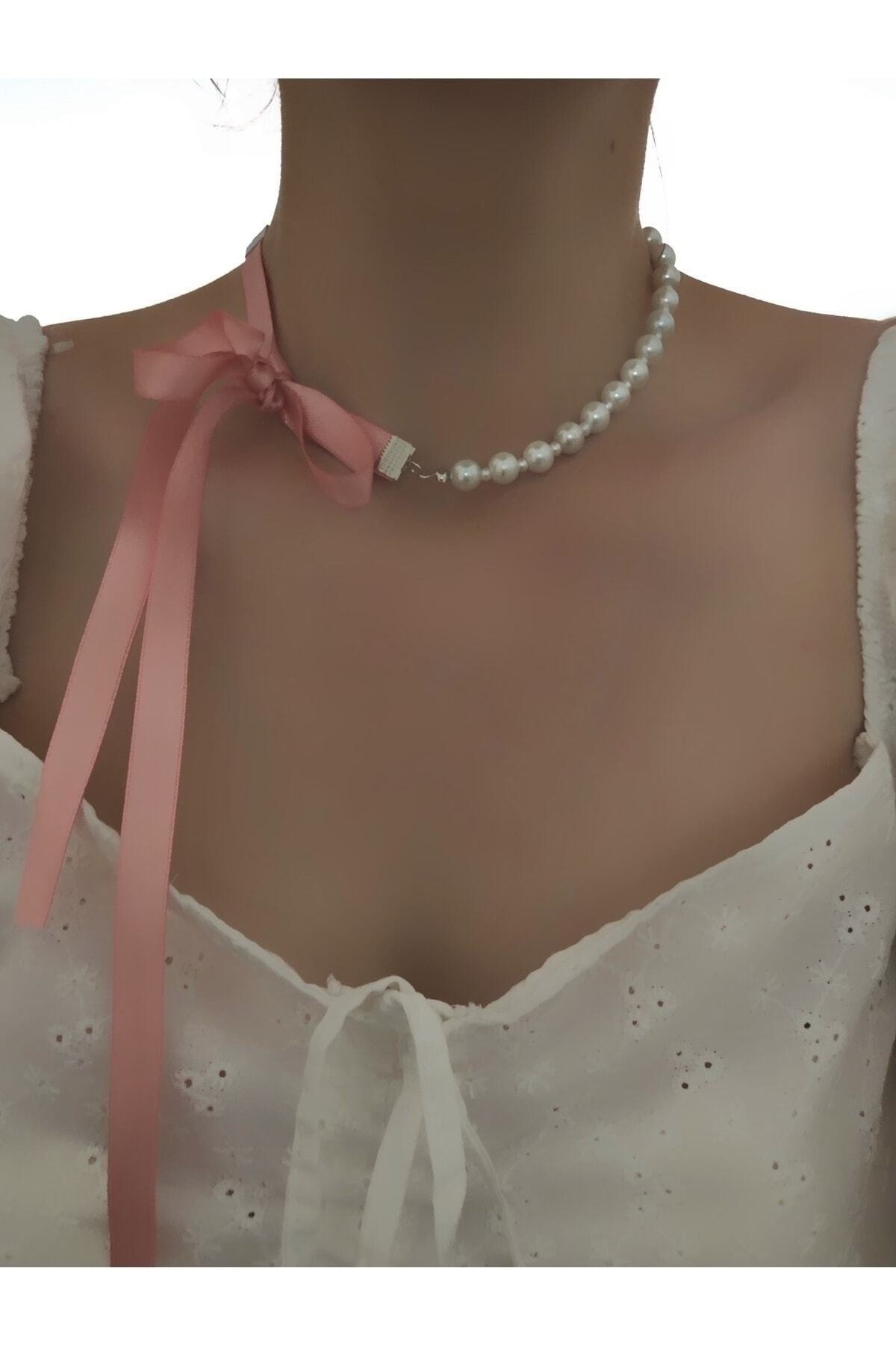 Cam Inci Pembe Kurdeleli Choker Kolye