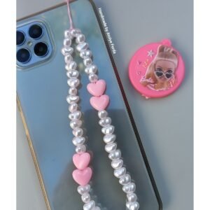 Pembe Kalp ve İncili telefon Charmı Telefon Askısı