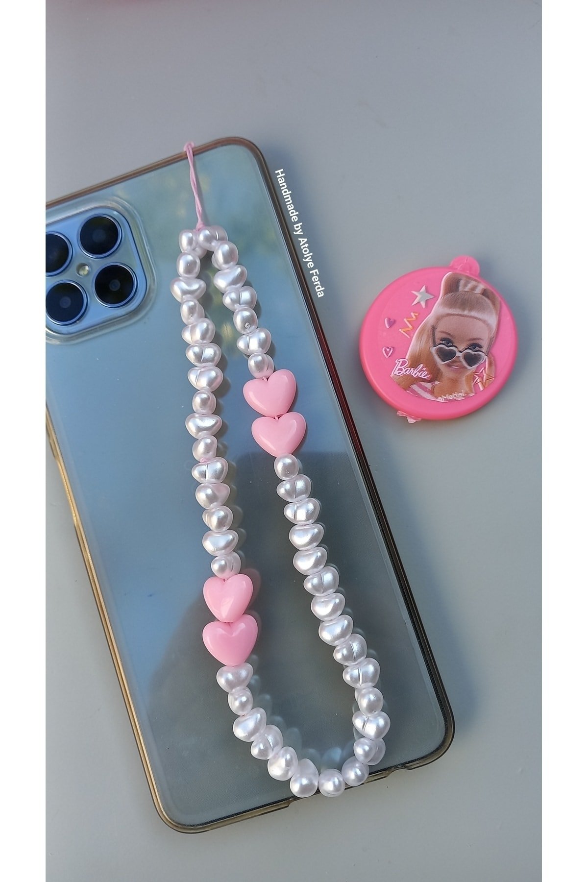 Pembe Kalp ve İncili telefon Charmı Telefon Askısı