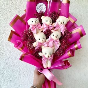 Teddy Bear Pembe Ayıcık Pembe Fiyonklu Çiçek Buketi