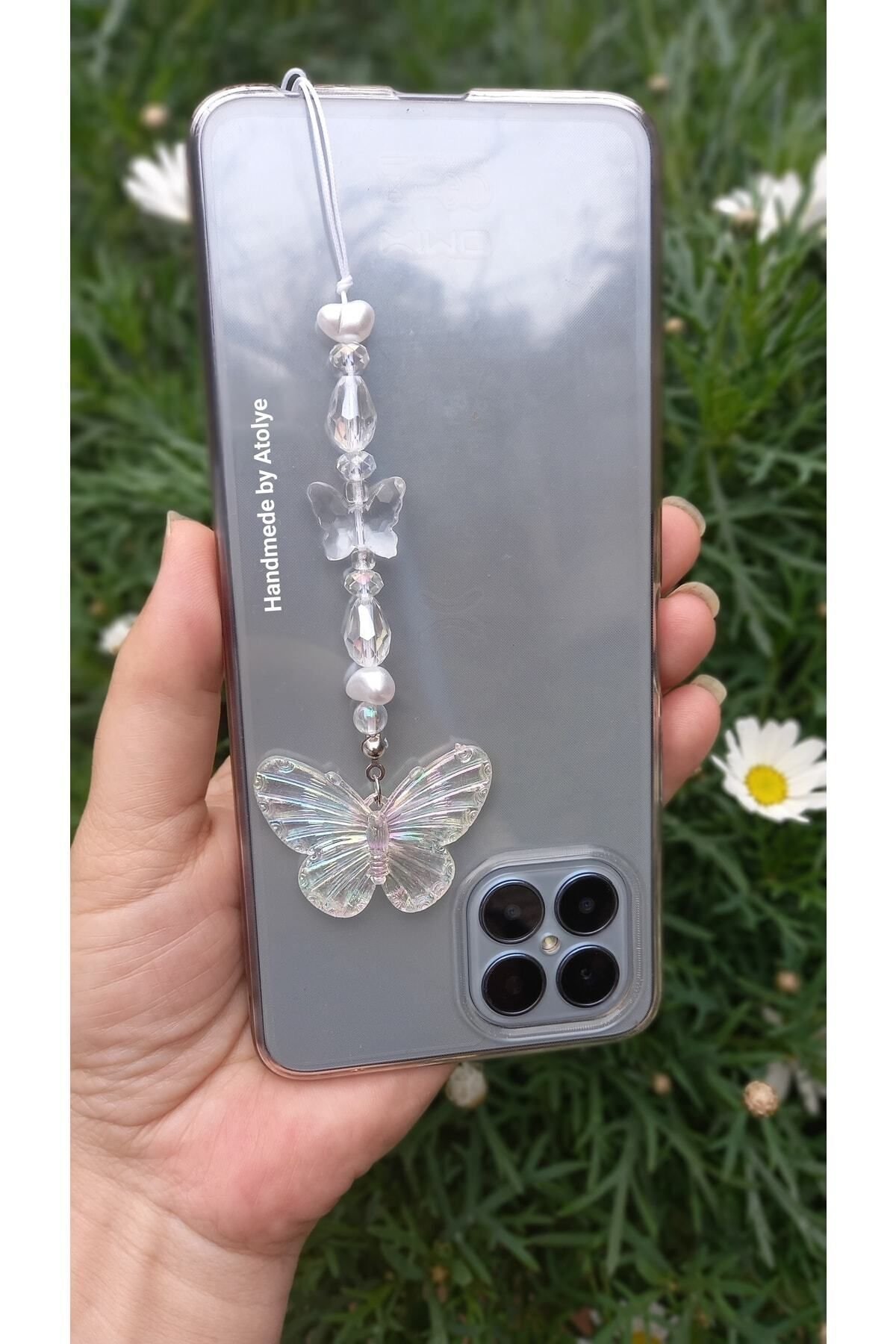 Kelebek Figürlü Kristal Boncuk Detaylı Telefon Charmı Telefon Süsü - Görsel 4