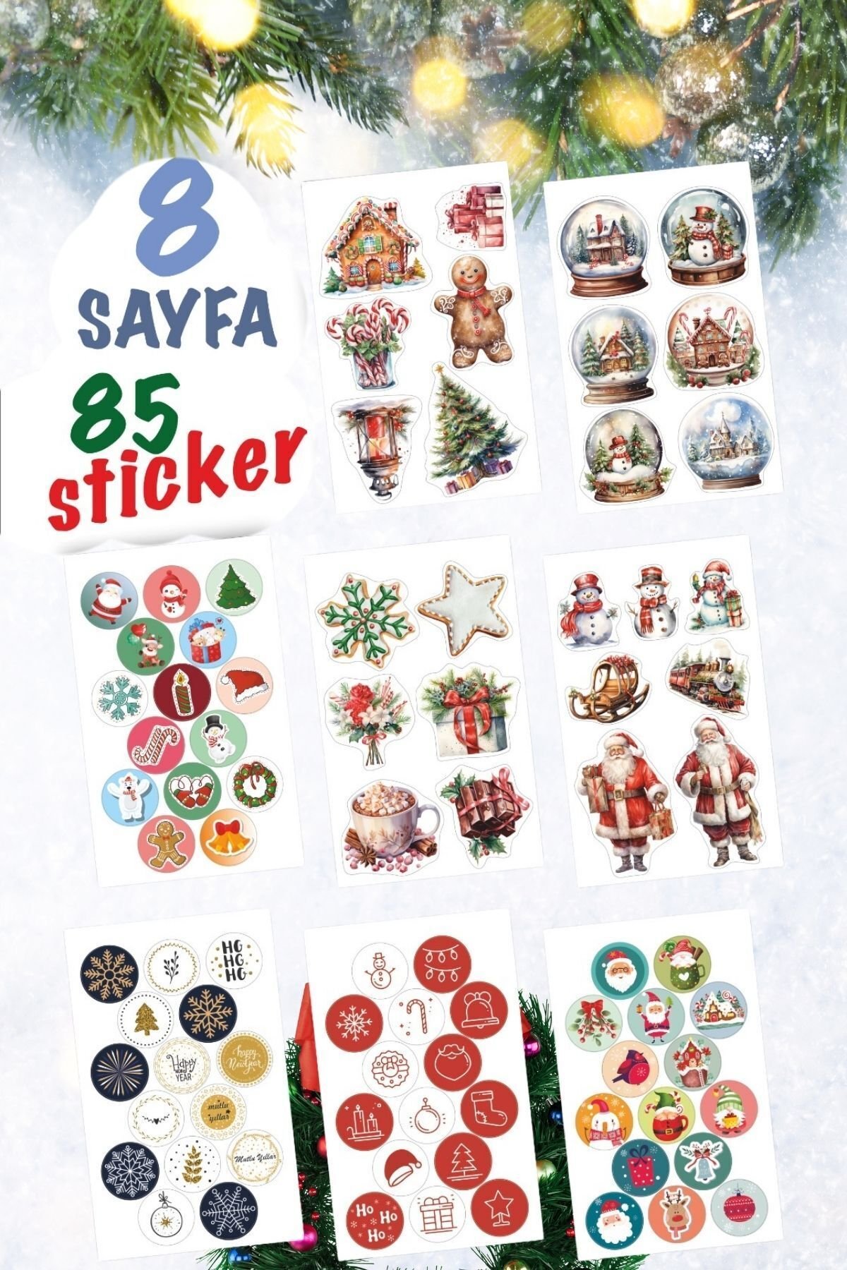 Yılbaşı Noel Baba Kar Küresi Kar Tanesi Sticker Book Kuşe Sticker Laptop Kaykay Etiket Paketi - Görsel 2