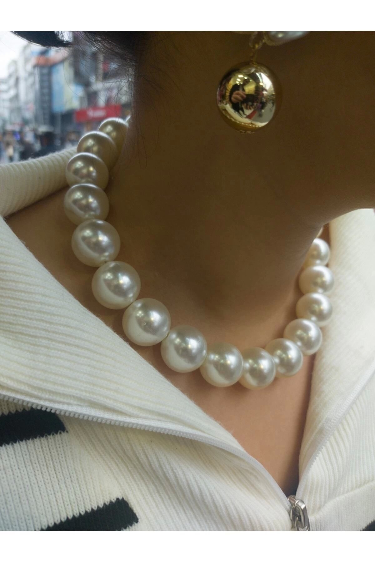 Kalın Inci Kolye, Inci Choker, Büyük Inci Kolye, Büyük Incili Kolye - Görsel 2
