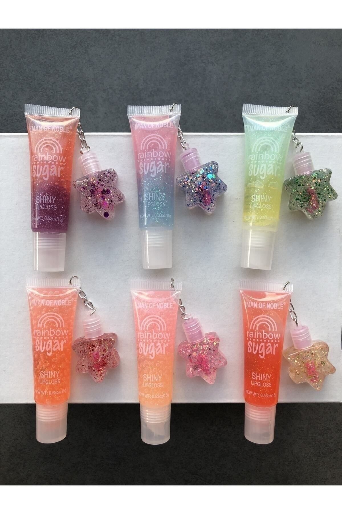 Gökkuşağı Dudak Parlatıcısı Yıldızlı Rainbow Shiny 6 Adet Lip Gloss Lip Balm Lip Oil Shiny Glitter
