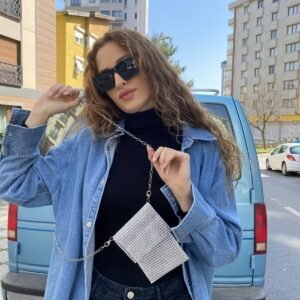 Gümüş Taş Görünümlü Işıltılı Ayarlanabilir Zincirli Telefon Çantası