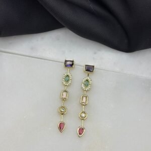 Gold Altın 5 li Renkli Taşlı Tasarım Melis Göral Y Küpe Çakra Marka Model Sallantılı Çelik Küpe