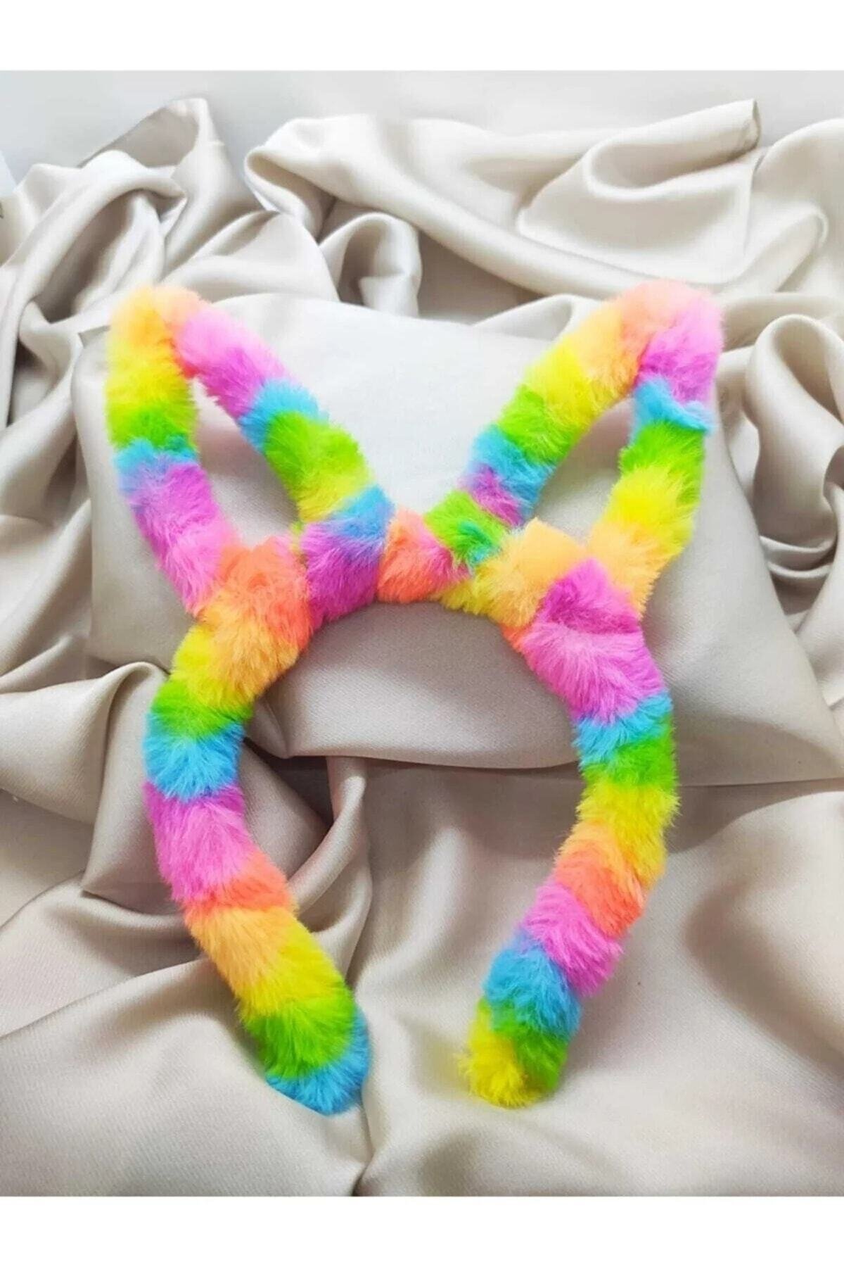 Rengarenk Gökkuşağı Tavşan Kulaklı Peluş Taç - Görsel 2