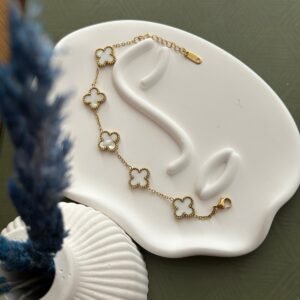 Çelik Beyaz Sedefli Gold Çift Taraflı Yonca Bileklik Stainless Steel