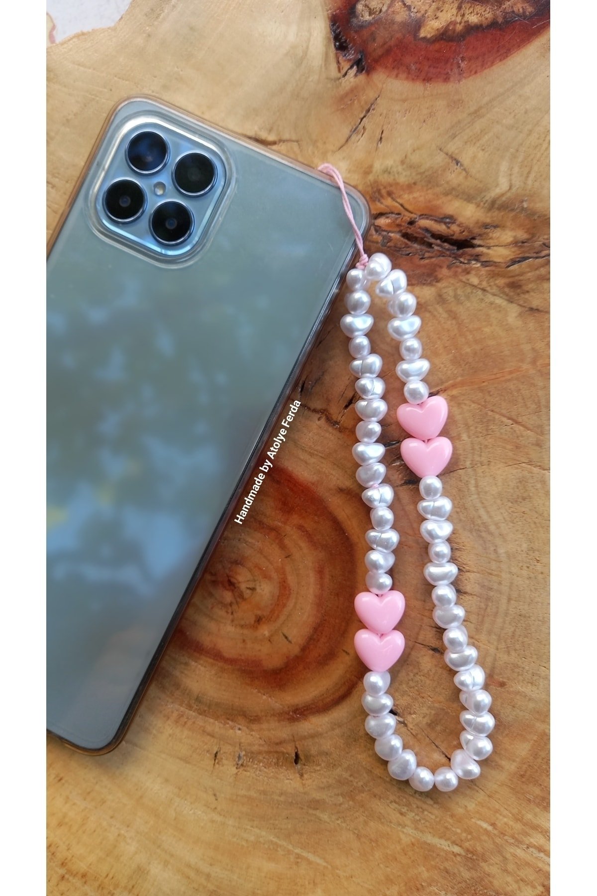Pembe Kalp ve İncili telefon Charmı Telefon Askısı - Görsel 2
