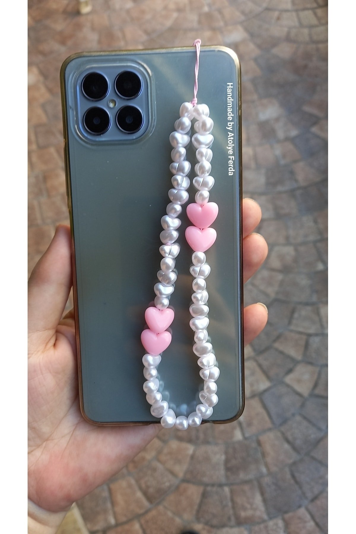 Pembe Kalp ve İncili telefon Charmı Telefon Askısı - Görsel 3